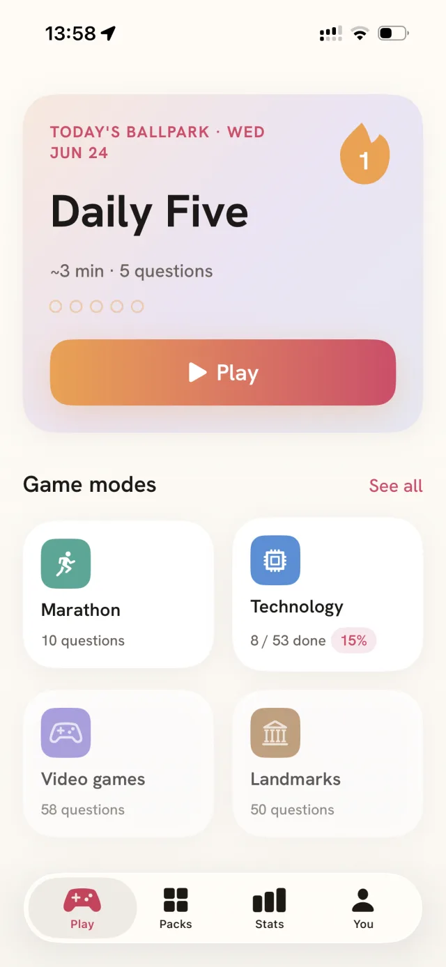 Ballpark Daily Five home screen